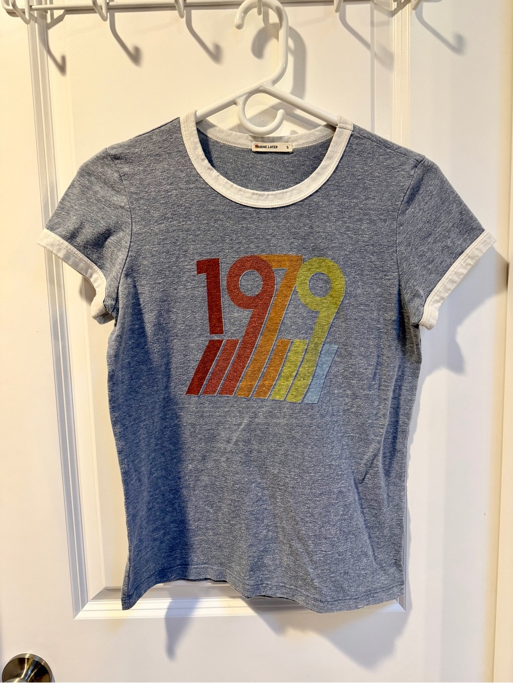 🌈 Marine Layer 1979 Ringer Tee Heather Blue Retro 70s Rainbow Tshirt Size Small